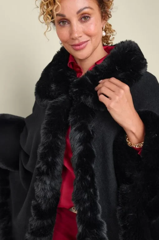 Soft Surroundings Mila Faux Fur Trim Cape- Scarves & Wraps