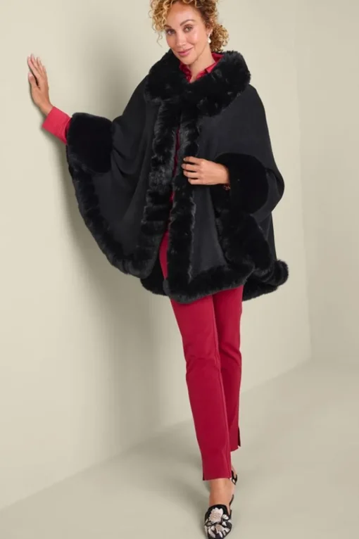 Soft Surroundings Mila Faux Fur Trim Cape- Scarves & Wraps